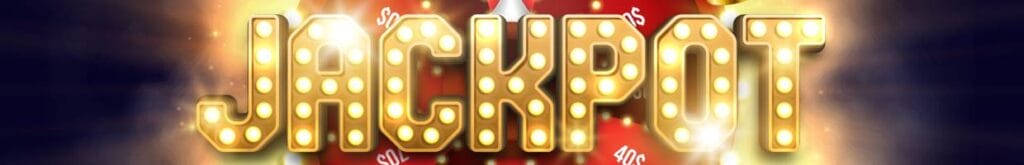 The word “jackpot” in bright lights in front of a red lottery wheel.