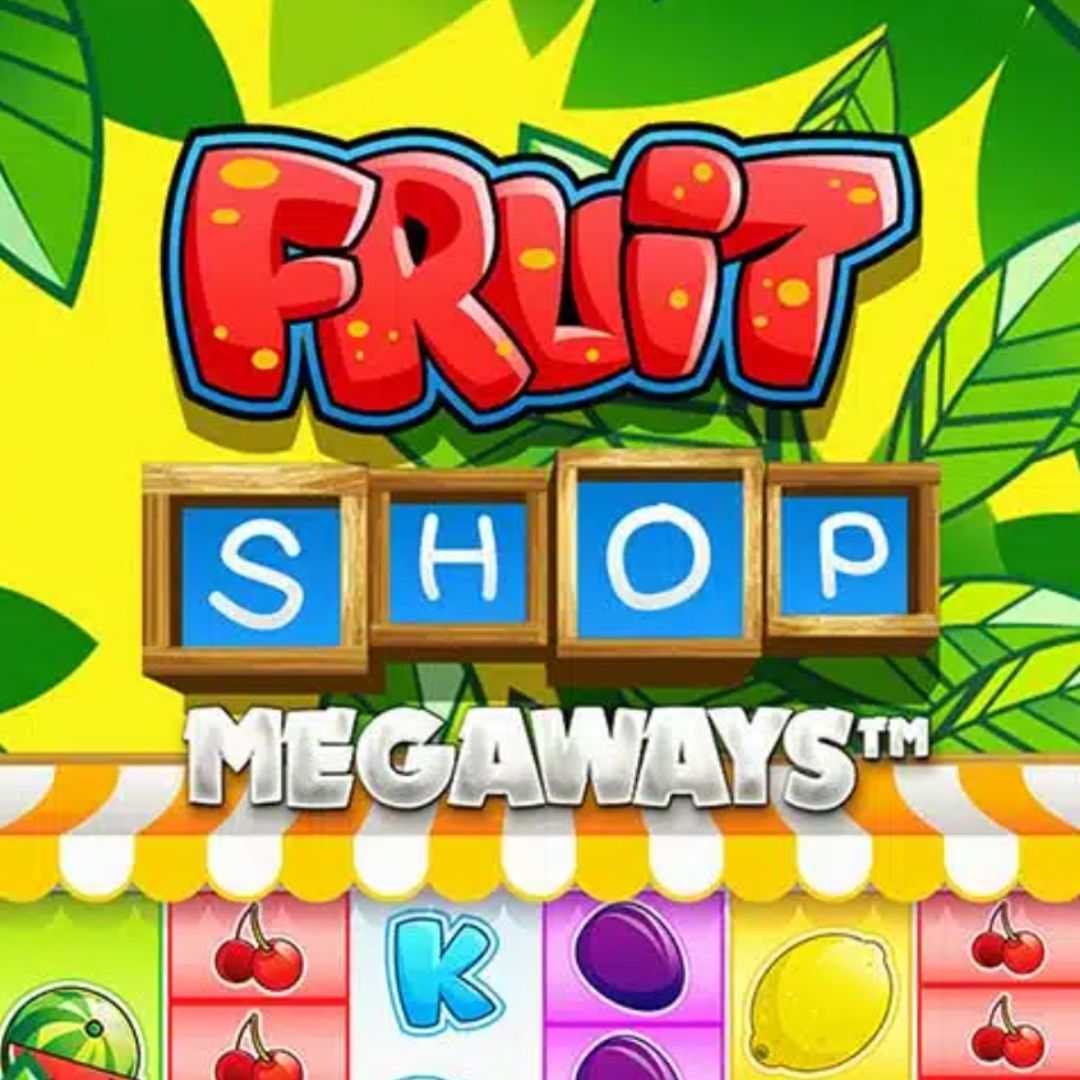 The title screen for Fruit Shop Megaways featuring the game title on a yellow background decorated by leaves, with a portion of the game’s slot reels at the bottom of the image.