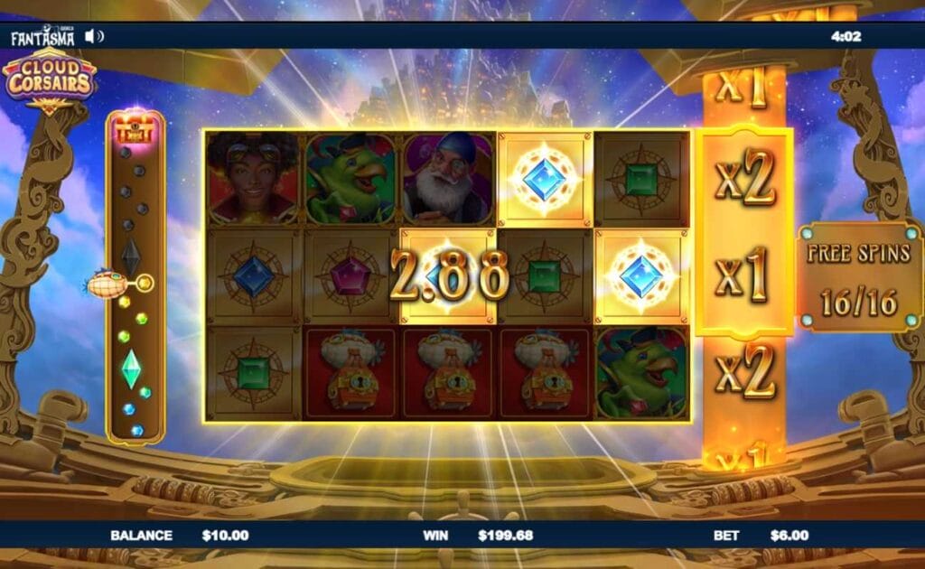 A screenshot of the Free Spins round in Cloud Corsairs, featuring the win amount displayed over the slot reels in gold, with the multiplier counter to the right of the reels.