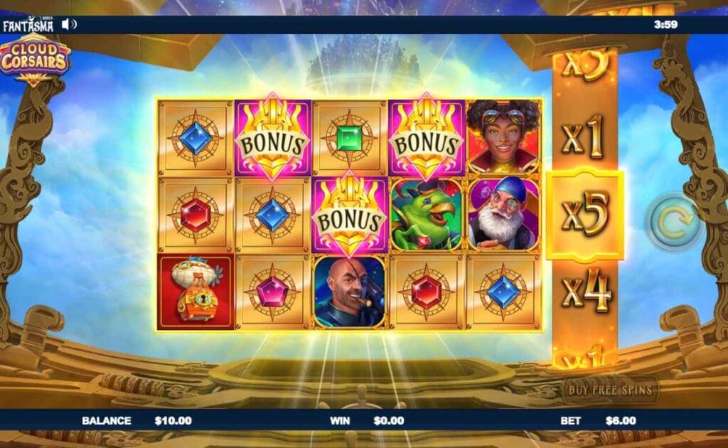 A screenshot of the base game of Cloud Corsairs, featuring three bonus symbols on the 5x3 slot grid, with a castle in the clouds seen through the window of a Zeppelin.