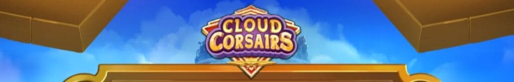 A banner image for the Cloud Corsairs slot game featuring the game logo on a cloudy sky with golden shapes in the top corners and at the bottom of the image.