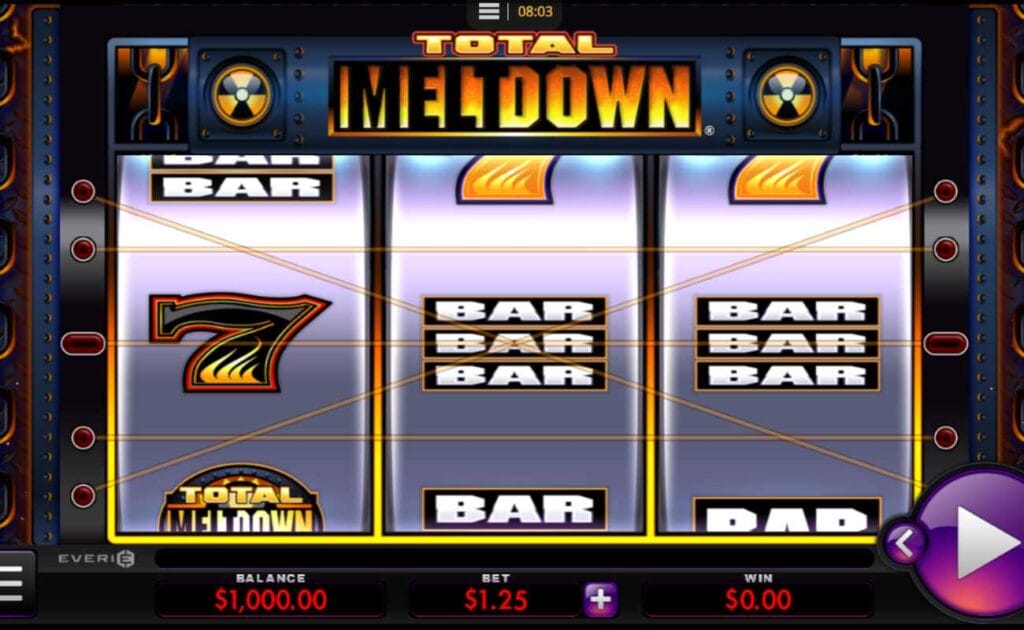 Total Meltdown online slot game with the bar and number seven symbols on the three silver bells. The Total Meltdown logo is black, orange, and yellow. The play button is purple and silver. The bottom of the reels is black and red.