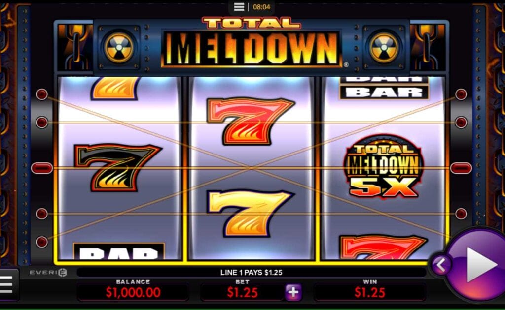 Total Meltdown online slot game with red, black, and orange sevens, and the Total Meltdown 5x symbol on the silver reels. The background is black, red, and orange. The play button is purple and silver.