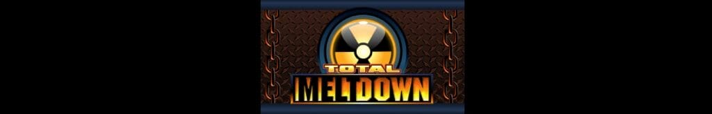 Total Meltdown online slot game logo in yellow, orange, and black. There is a yellow and black circle above the font. There are thick chains on both sides of the logo.