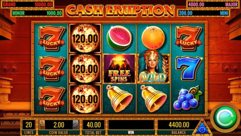 A screenshot of the Cash Eruption slot reels. The background is the hot interior of an Aztec temple. In the foreground are the slot reels with a stone border. The reels contain various classic and fire-themed symbols. These symbols include lucky red 7s, watermelons, oranges, bells, grapes, and blue 7s, as well as fiery cash symbols, volcano free spins, and fire goddess wilds. In both top corners of the screen are the game’s jackpot prizes. At the bottom of the screen is the game interface.
