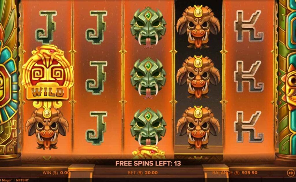 A screenshot of the Free Spins round on Rise of Maya; All reels display one symbol, except the first, which includes a Wild symbol. Four of the five reels have been lit up.