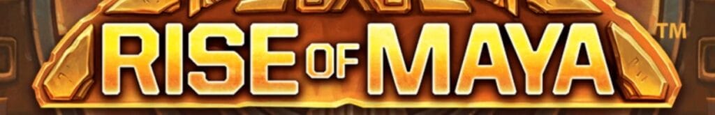 A banner image for the Rise of Maya slot game featuring the game title carved into golden-tinged stone.