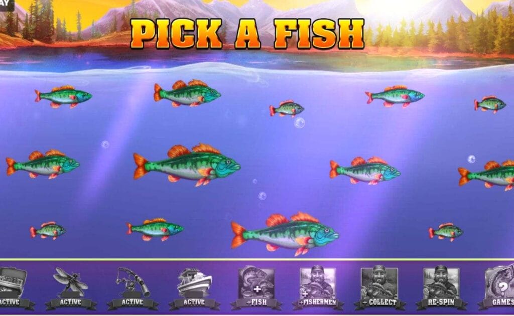 A screenshot of the Pick a Fish bonus round in Big Catch Bass Fishing, featuring bass of varying sizes swimming across the screen with potential prizes displayed at the bottom of the screen.
