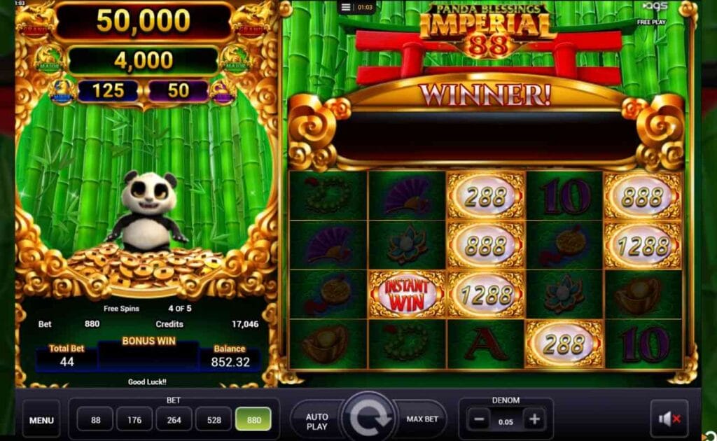 A screenshot of the Hold and Win bonus in the Panda Blessings slot game with the max bet activated, gold number symbols appear in various positions across the reels along with an instant win symbol.