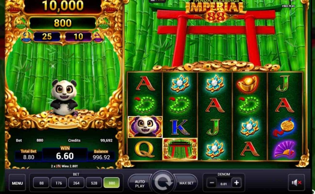 The gameplay of Panda Blessings with the minimum bet activated, Amanda the Panda sits next to the 5x4 slot grid on a pile of gold ingots.