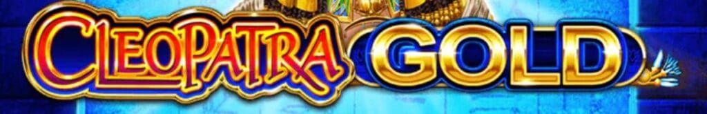 A banner image for the Cleopatra Gold slot game, featuring the game logo on a blue background.