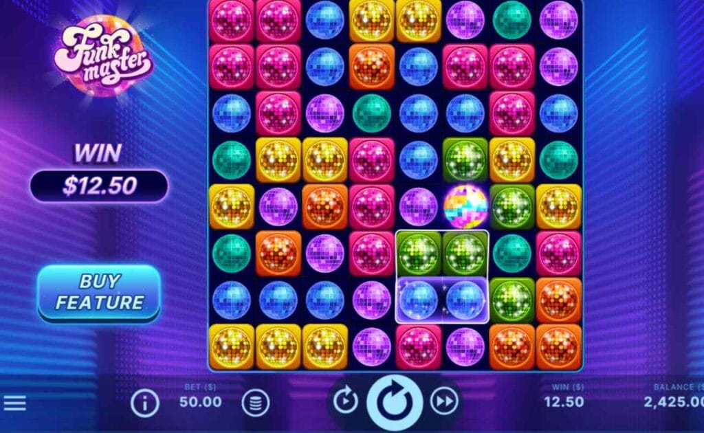A screenshot of the game play of Funk Master; An 8x8 slot grid is filled with disco balls of various colors, with the Bonus Buy button and win amounts on the left of the grid, all on a blue background decorated by neon lines.