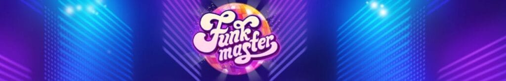 A banner image for the Funk Master slot game, featuring the game logo on a dark blue background decorated by neon lights.