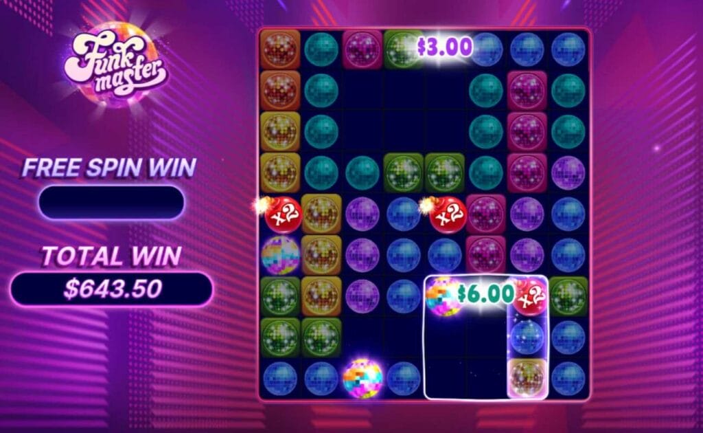 A screenshot of the Free Spins round in Funk Master, some of the spaces on the slot grid are empty while various multipliers are displayed above some symbols and the total win for the Free Spins round is displayed to the left, all on a purple background.