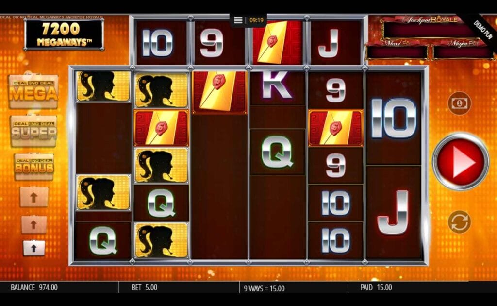 Deal or No Deal Megaways Jackpot Royale with gold envelopes, a silhouette of a woman, and playing cards on maroon reels. The background is yellow and orange. The play button is red and silver.