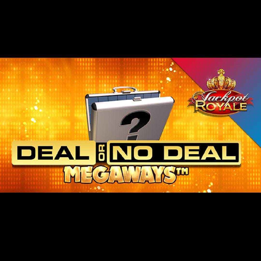 Deal or No Deal Megaways Jackpot Royale online slot game logo in gold and black. There is a silver suitcase with a black question mark. The background is yellow, orange, purple, and turquoise.