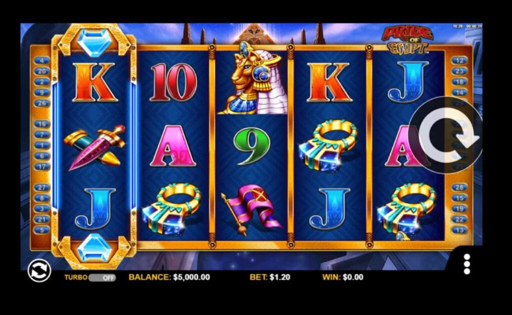 Pride of Egypt online slot game with playing cards, a ring, swords, and a gold camel statue. The reels are dark blue with a gold frame. The background shows a purple and blue sky.