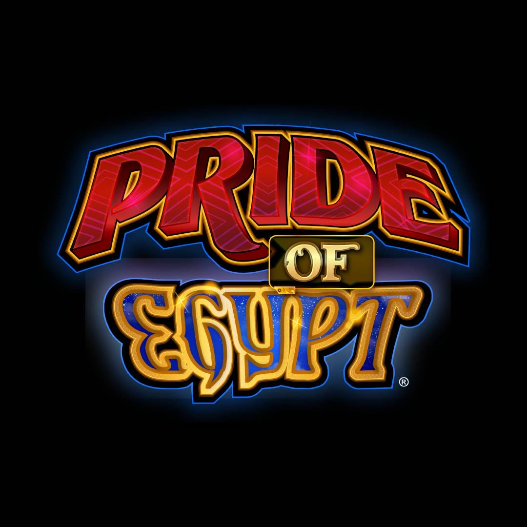 Pride of Egypt online slot game logo in gold, blue and red. The background is black.