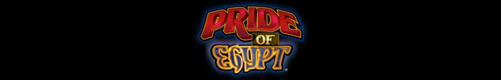 Pride of Egypt online slot game logo in blue, gold, and red with a blue shade on the outside of the font. The background is black.