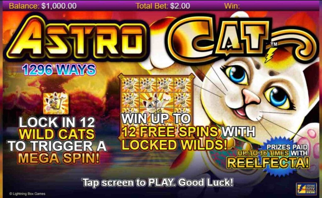 Astro Cat online slot game with the game’s features on the screen. There is a big white cat with blue eyes. The Astro Cat logo is in black, gold, and white.