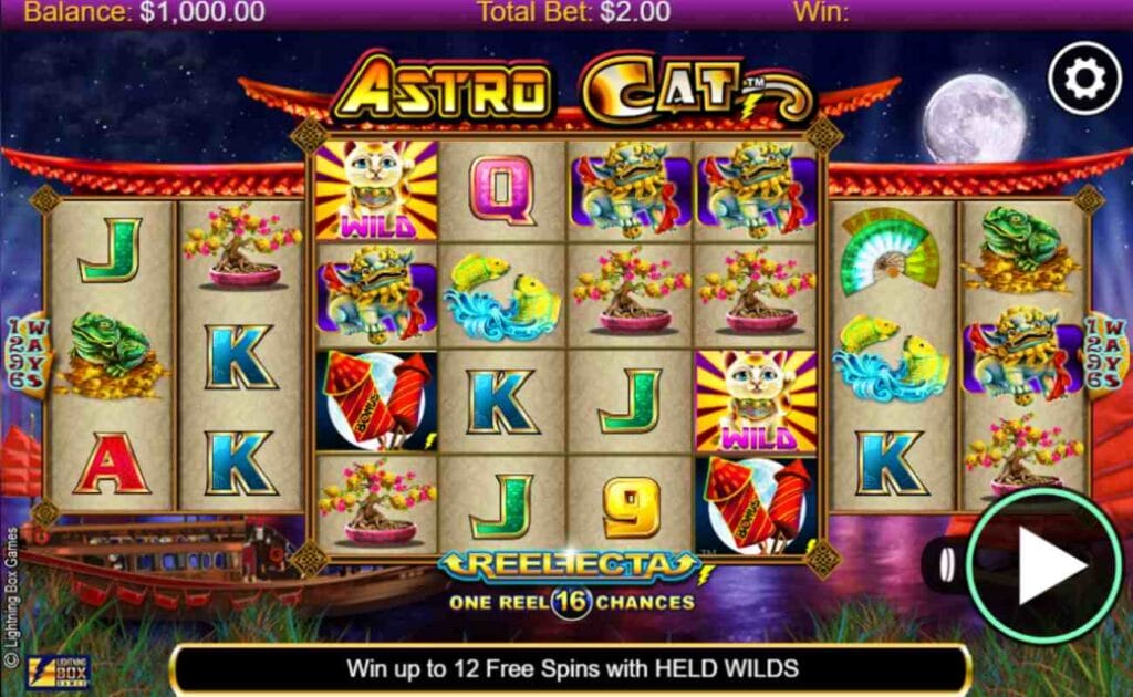 Astro Cat online slot game with beige reels. The reels have a Japanese house frame. There are playing cards, bonsai plants, yellow fish, and Japanese ornaments on the reels. The background shows the night sky with a moon and stars.
