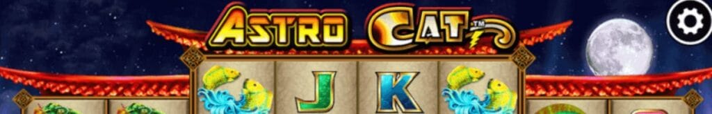 Astro Cat online slot game logo in yellow, black and silver. The logo is above the Japanese-style reels. The background contains a full moon and a night sky with stars.