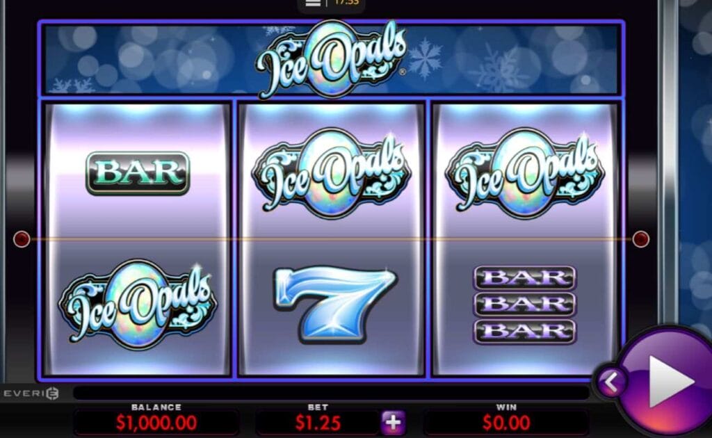 A screenshot of the gameplay of Ice Opals, featuring the game logo, BAR, and 7 symbols on a classic three-reel slot with two rows and the game logo displayed above the reels.