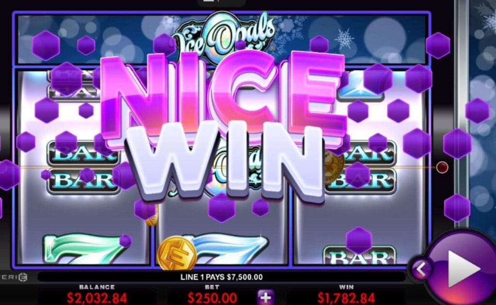 A screenshot of a $1,782 win on the Ice Opals slot game, the words “Nice Win” appear over the slot reels surrounded by purple hexagons and floating gold coins with the Everi logo on them.