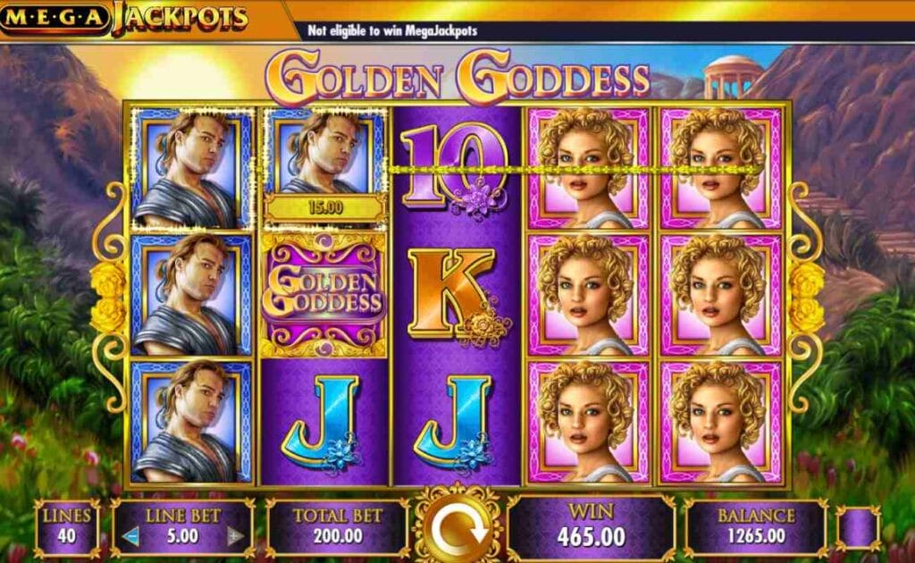 A screenshot of the Golden Goddess slot game; There are a mix of Golden Goddess symbols, Wild symbols, and base-game symbols are on a 5x3 slot grid with an Ancient Greek kingdom in the background.
