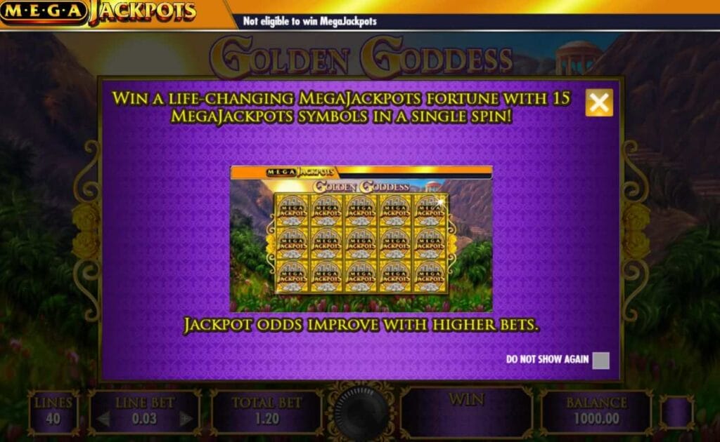 A screenshot of the paytable on the demo version of Golden Goddess; A purple banner explains the different jackpots up for grabs and how bet sizes impact odds.