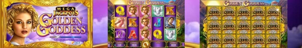 A banner image for the Golden Goddess slot game featuring screenshots of the game title screen, slot reels, and jackpot symbols on a cloudy background with a purple sky.