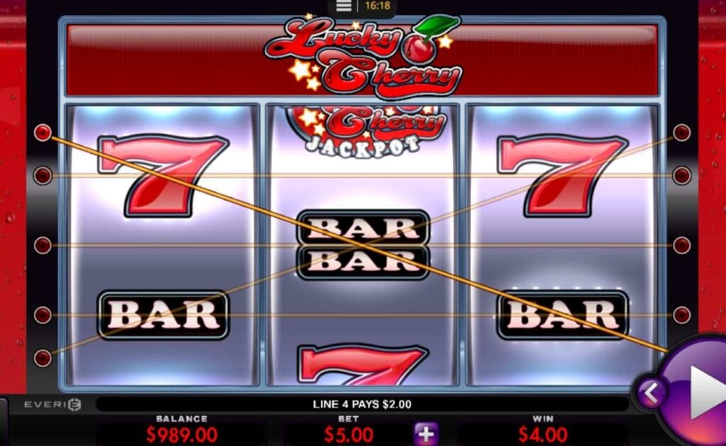 A screenshot of the gameplay of the Lucky Cherry slot game, featuring a gold line running through a 7 symbol and two BAR symbols on the three reel slot grid with the game logo displayed above it on a red background.