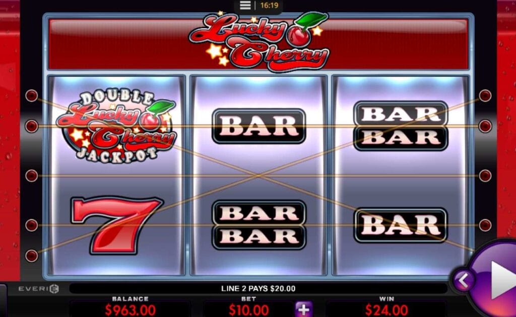 A screenshot of a $24 win on the Lucky Cherry slot game, the Double Jackpot symbol and two BAR symbols create the winning combination on payline 2.