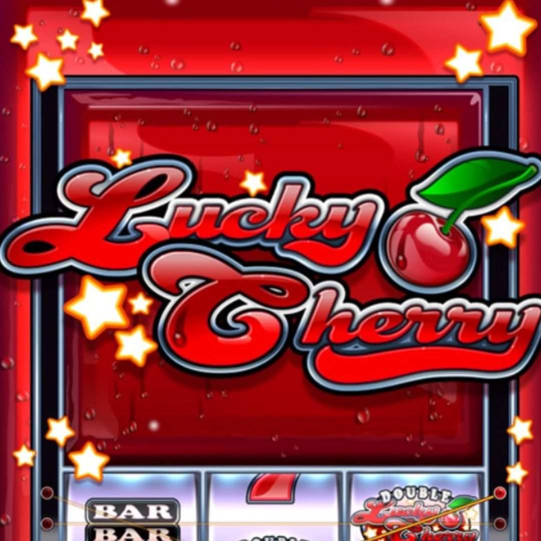 The Lucky Cherry slot game logo with a cherry next to it, surrounded by stars and water droplets, with a single reel from the slot below it, all on a red background.