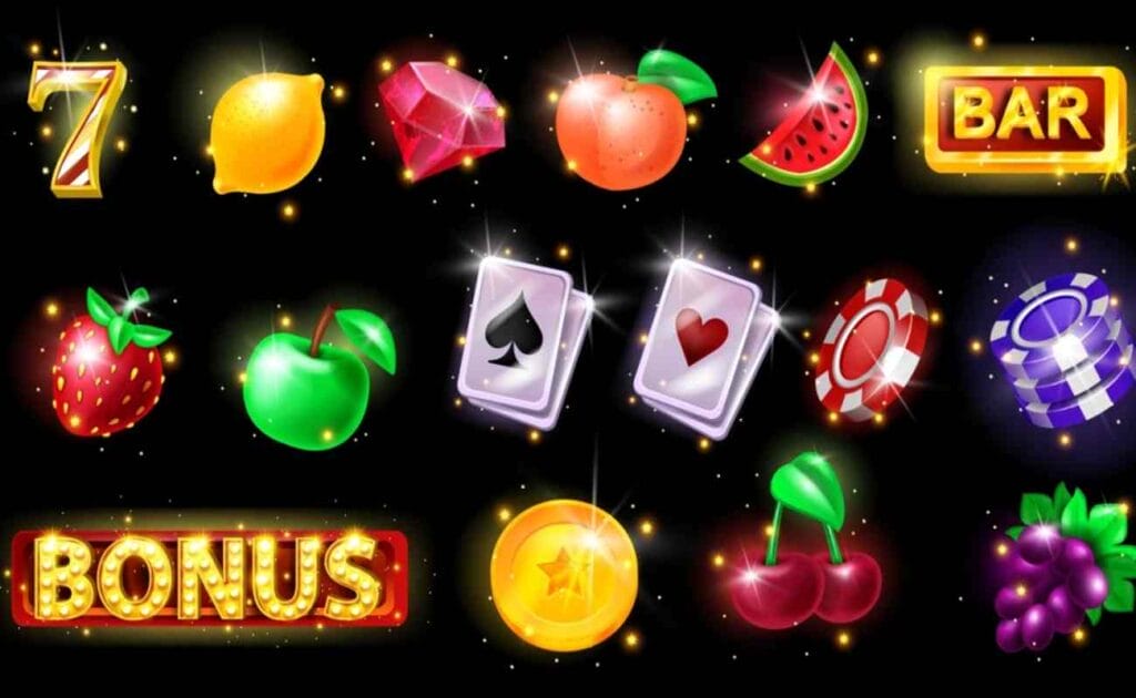 A range of slot symbols like fruit, coins, and cards on a sparkly black background.