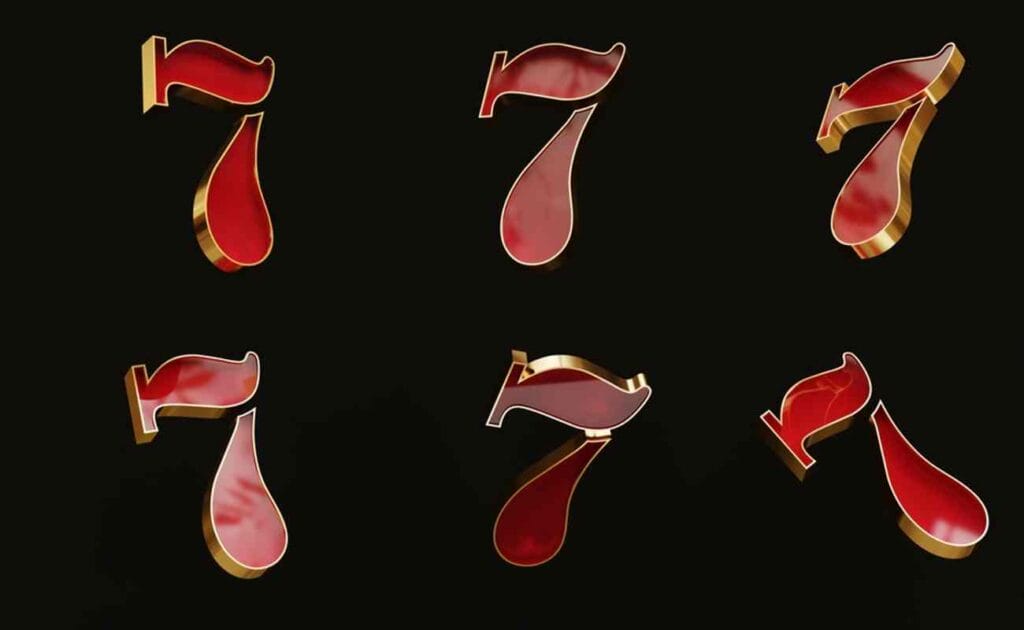 Six red 7 slot symbols arranged on a black background.