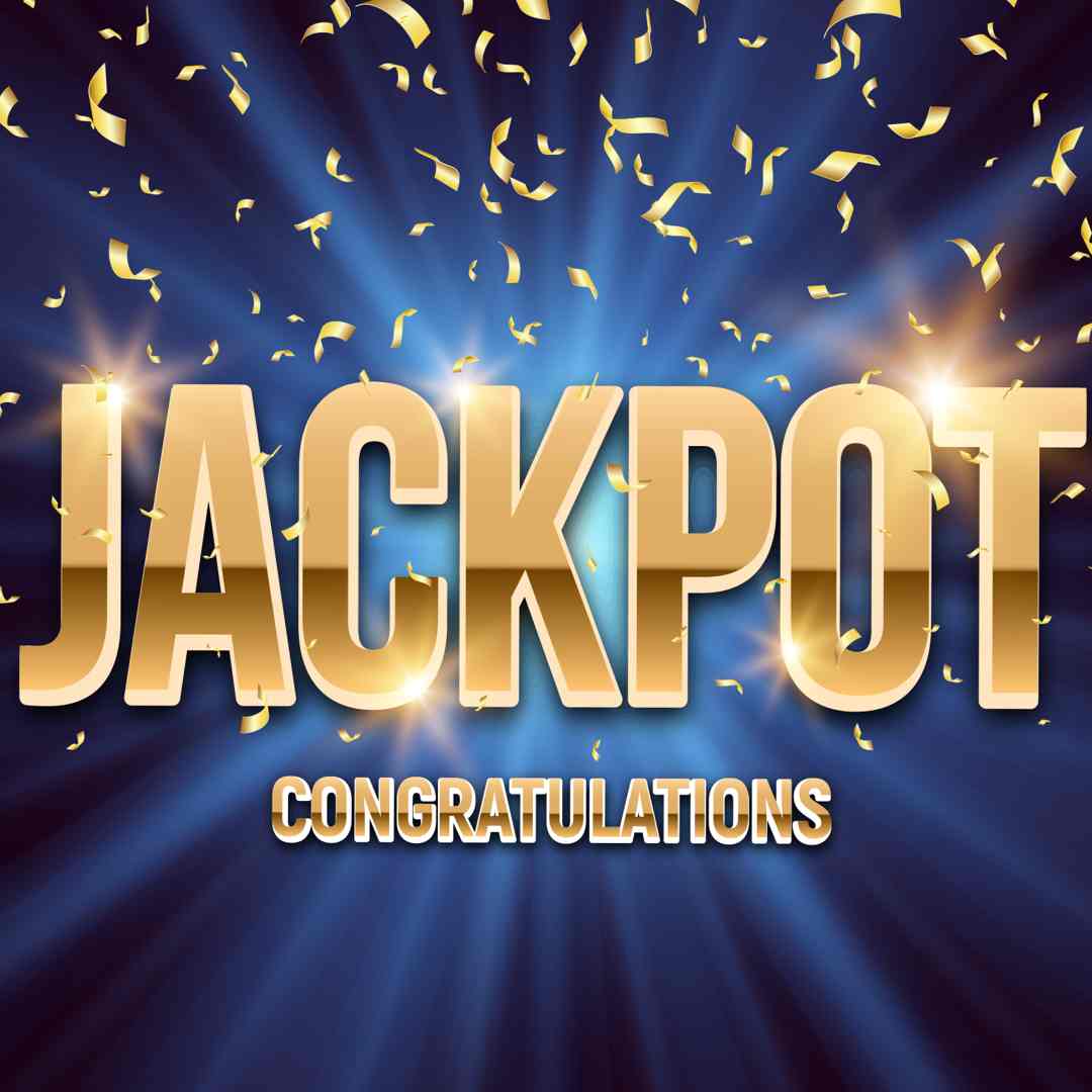 A big jackpot sign in gold with golden confetti on a blue background.