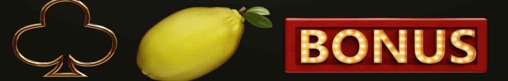 A spade symbol, a lemon, and a bonus sign on a black background.