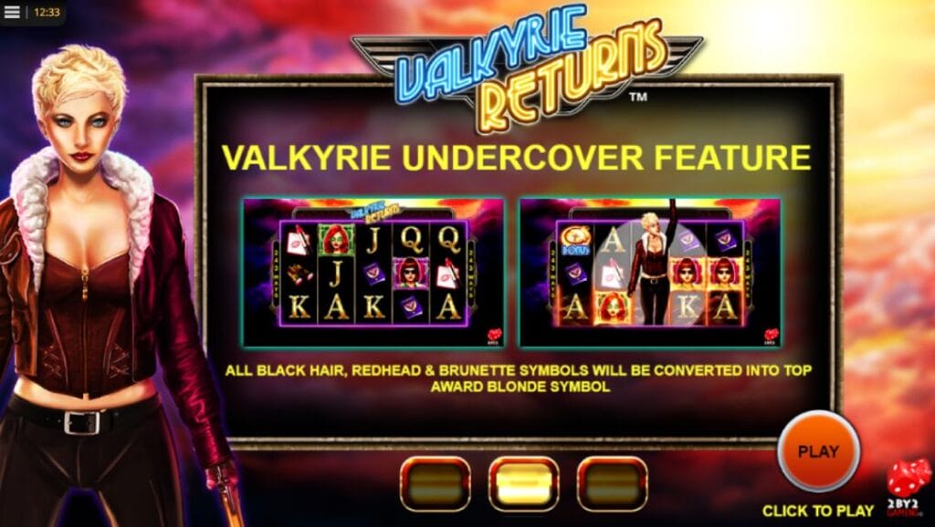 Valkyrie Returns online slot game logo in gold and blue. There is a rectangular frame with the Valkyrie Undercover Feature. There is a woman with short blonde hair. She is wearing a jacket. The background shows a blurry image of clouds.