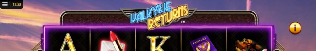 Valkyrie Returns online slot game logo in gold and blue. The reels are enclosed with a purple light. The background shows a purple and yellow sky.