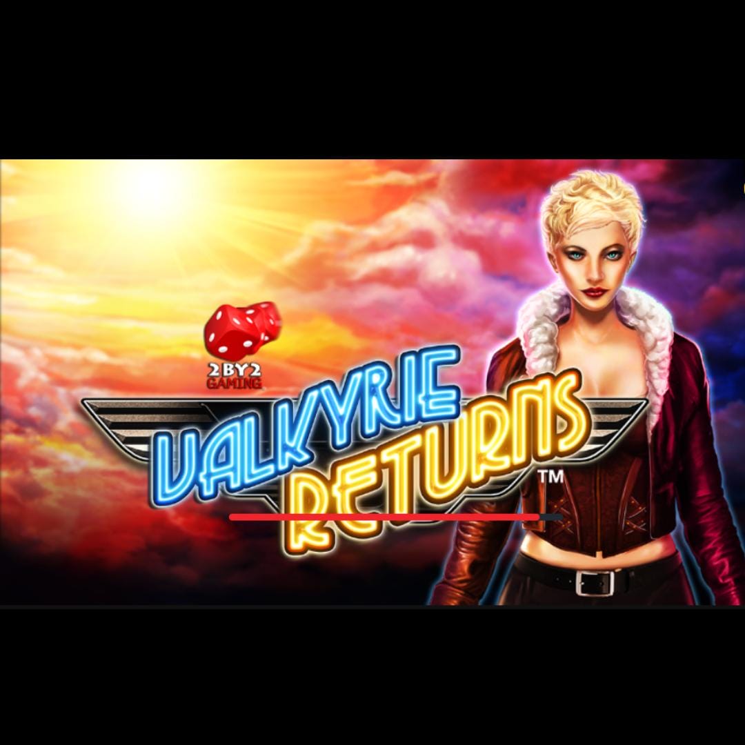 Valkyrie Returns online slot game logo in yellow and blue. A woman with short blonde hair and blue eyes is behind the logo. The background shows an orange and purple sky.