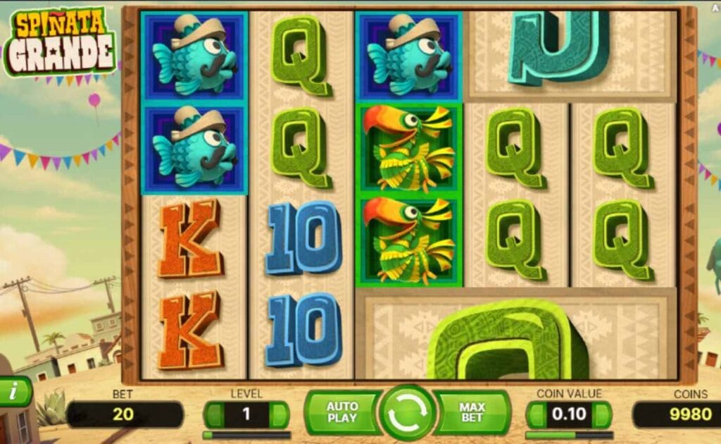 Screenshot of the Spinata Grande online slot game, showing gameplay, and slot symbols featuring a green tropical bird, and a blue fish. 
