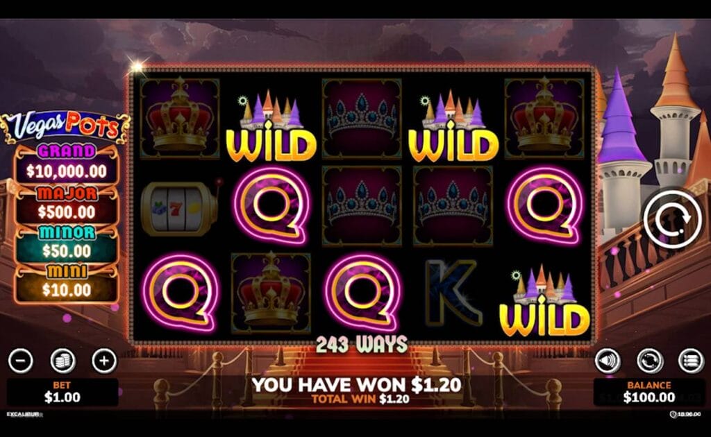 A win in the Excalibur online slot base game. The game is set against the medieval-themed backdrop of the Excalibur castle. On the left are the four Vegas Pots jackpot rewards: the grand, major, minor, and mini. The reels contain a variety of symbols, with three wild symbols and four Q symbols highlighted.
