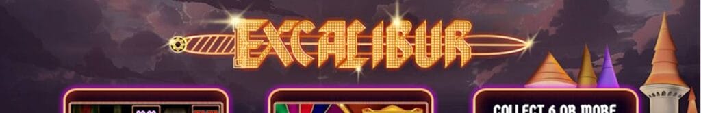 The Excalibur loading screen with the three features listed against the Excalibur castle backdrop.