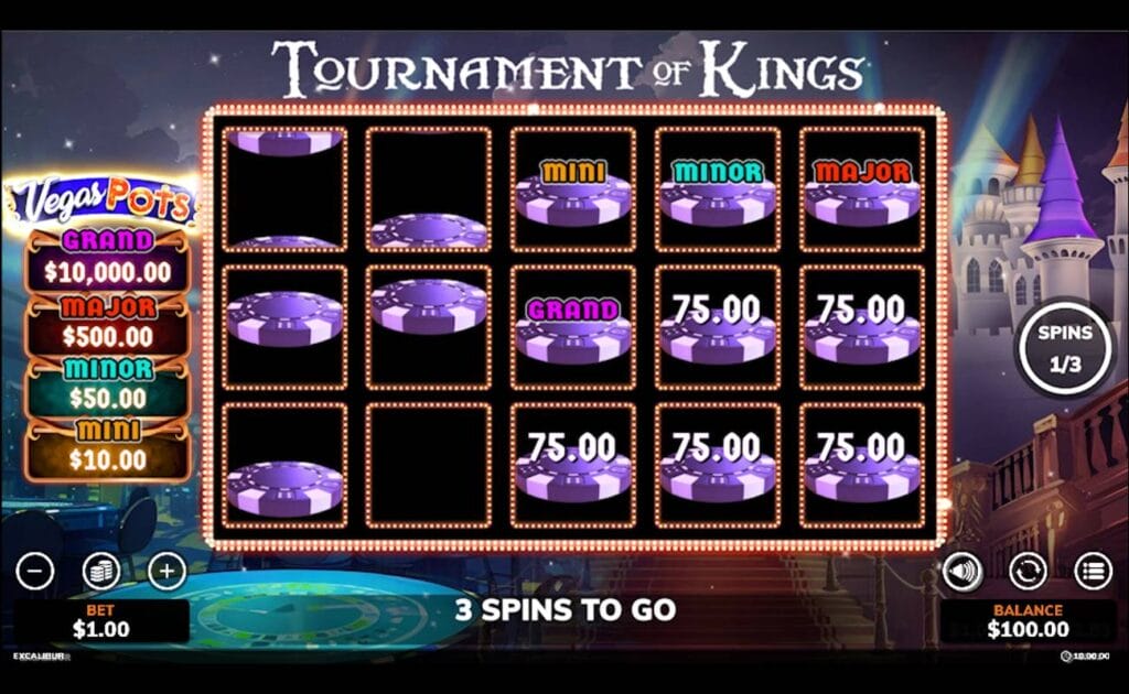 A screenshot of the Tournament of Kings feature in the Excalibur online slot. The game is set against the Excalibur castle and has the Vegas Pots jackpots listed on the left. The reels are filled with different casino chip symbols, including some with cash payouts and others with jackpot names. Some of the reels have spinning casino chip symbols about to stop. 