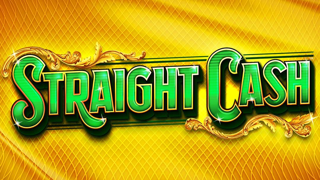 The banner for the Straight Cash slot. The background is a piece of gold fabric with lines crossing over it. In the foreground is the game title surrounded by ornate gold branches with golden leaves. The title is in a bold green, gold, and black font.