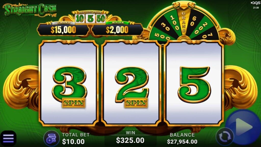 A screenshot of the slot reels in Straight Cash. The background is made up of various shades of green as well as curved lines crossing over the edges of the background. In the foreground are the three golden reels with ornate designs around them. The reels themselves contain the numbers three, two, and five on the first, second, and third reel, respectively. The numbers three and two both have the word Spin on them. Above the reels are the two jackpot prizes and a preview of the lottery wheel bonus feature.