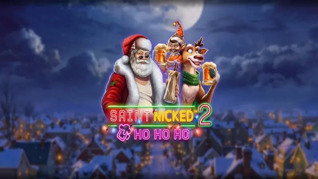Banner image with the game title Saint Nicked 2 Ho Ho Ho, St Nicholas wearing dark glasses, Rudolf the Reindeer with a stein of beer, and an elf with a stein of beer. There’s a quaint, snowy, moonlit townscape in the background.