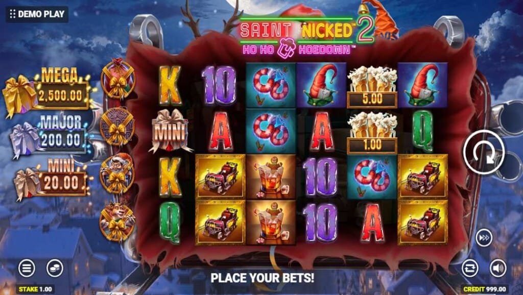 Screenshot of the Saint Nicked 2: Ho Ho Hoedown slot game in action, showing reels with holiday-themed symbols and jackpot values on the left.