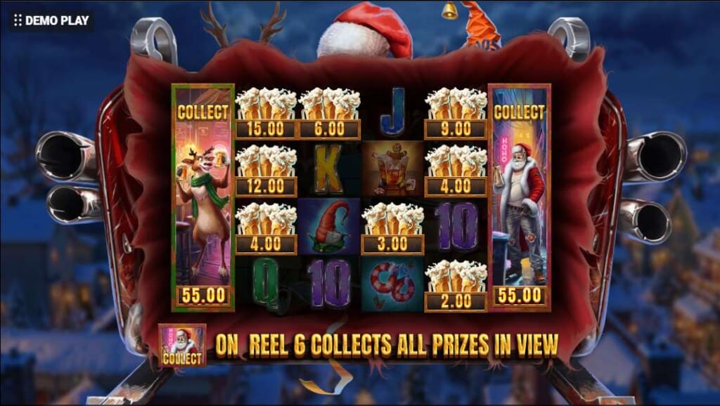 Saint Nicked 2 Ho Ho Hoedown slot game showing multiple cash symbols with values and two collect symbols on either side of the reels during a bonus round.